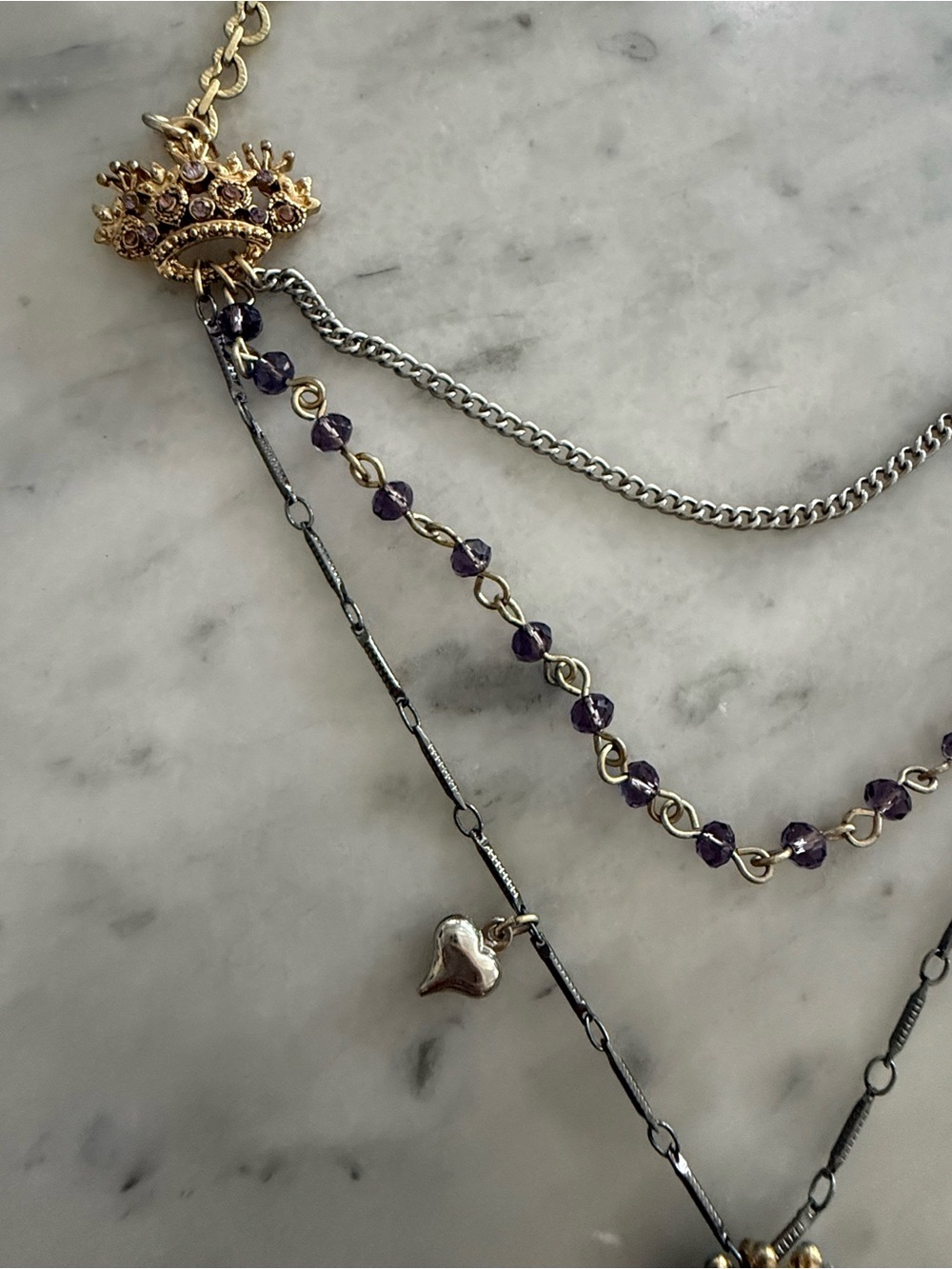 Betsey Johnson Gold and Silver Layered Cat Pendant Necklace with lavender Stones - Picture 3 of 12
